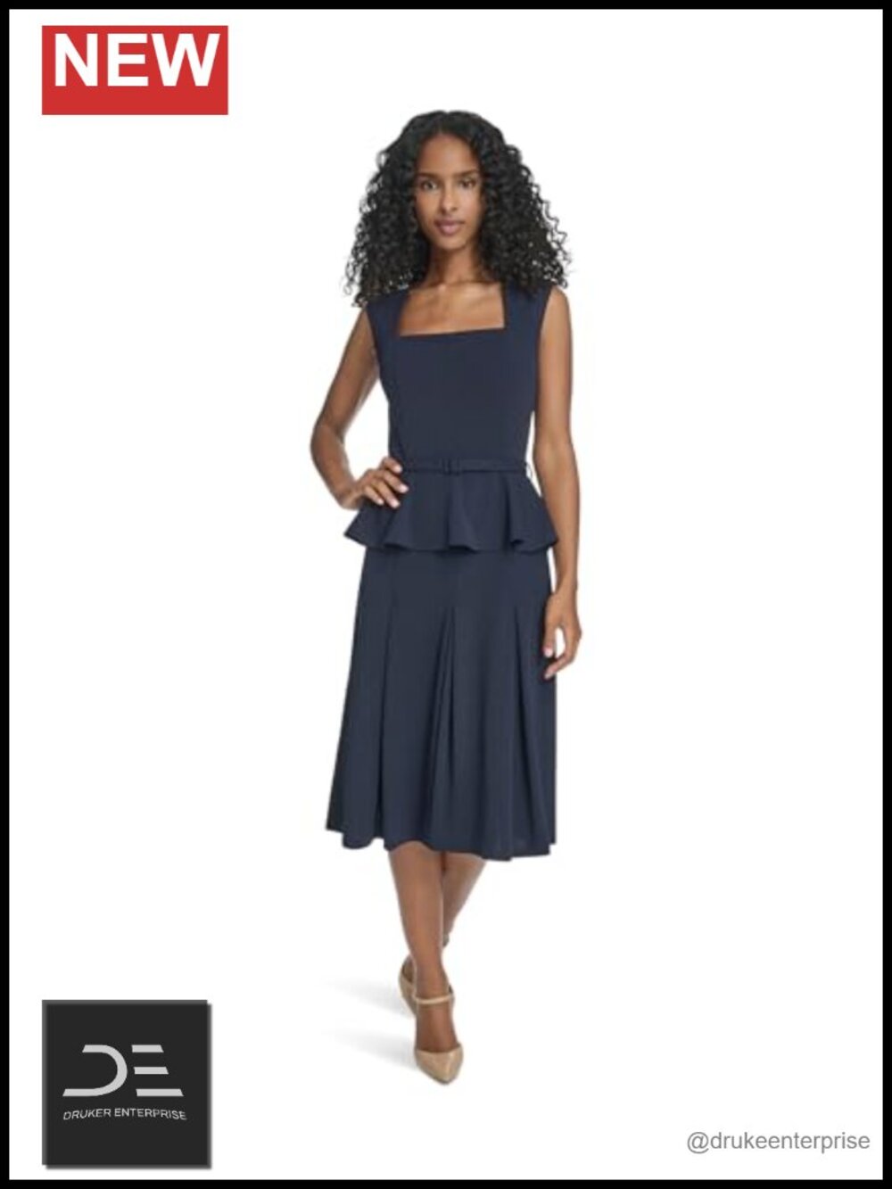 Scuba Crepe Belted Peplum A-Line Dress